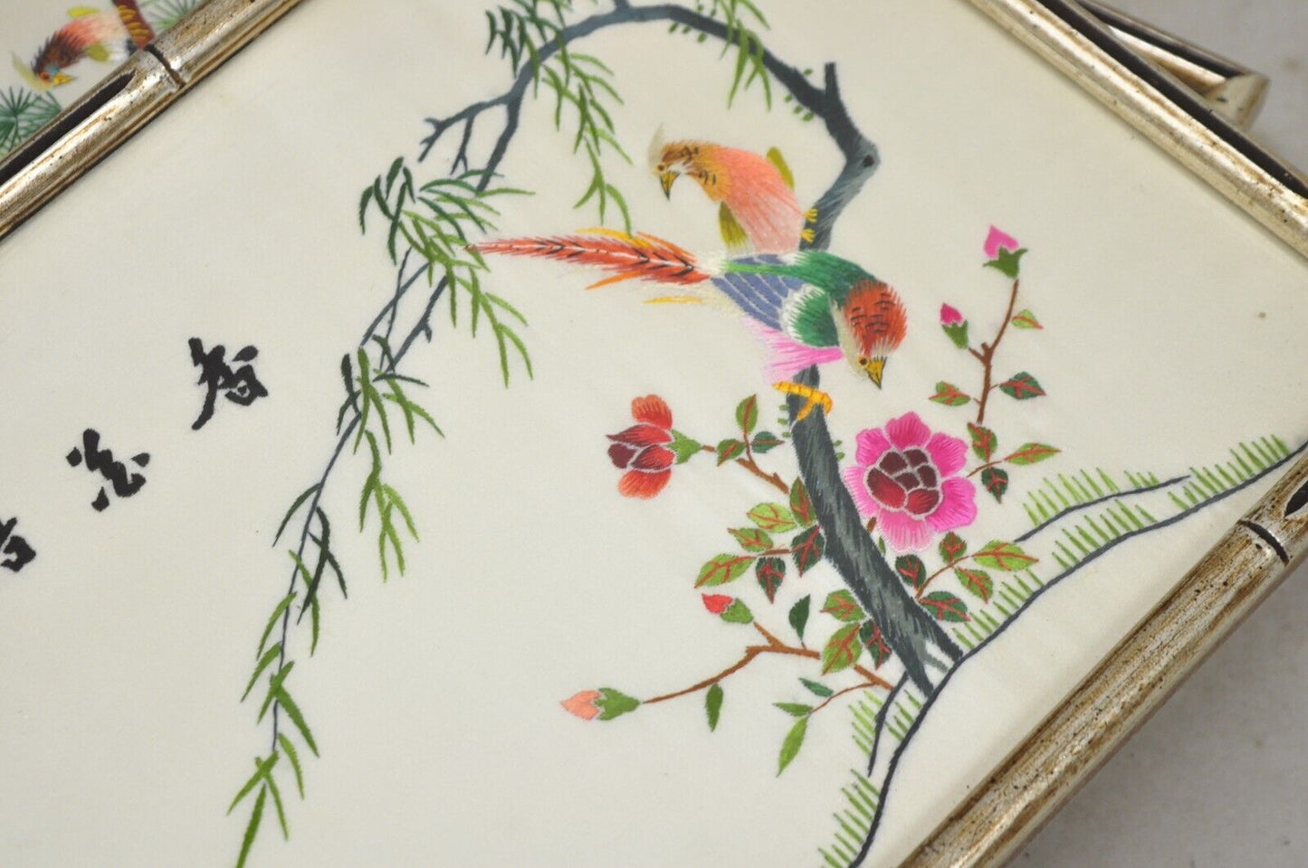 Vintage Chinoiserie Silk Needlepoint Chinese Japanese Asian Wall Art - Set of 6