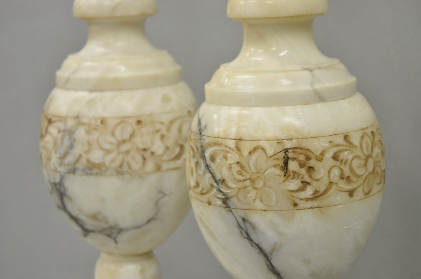 Vintage Italian Neoclassical Style Carved White Marble Urn Table Lamps - a Pair