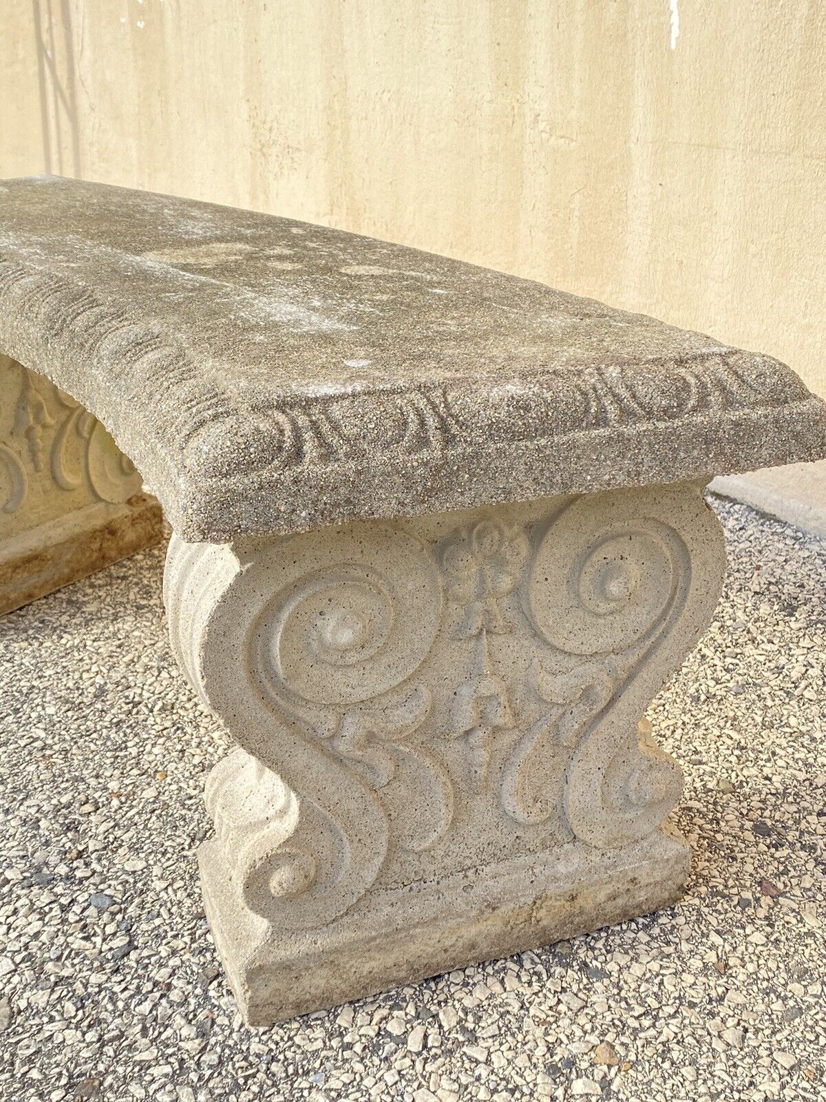 Vintage Classical Style Cast Stone Double Pedestal Curved Garden Bench Seat