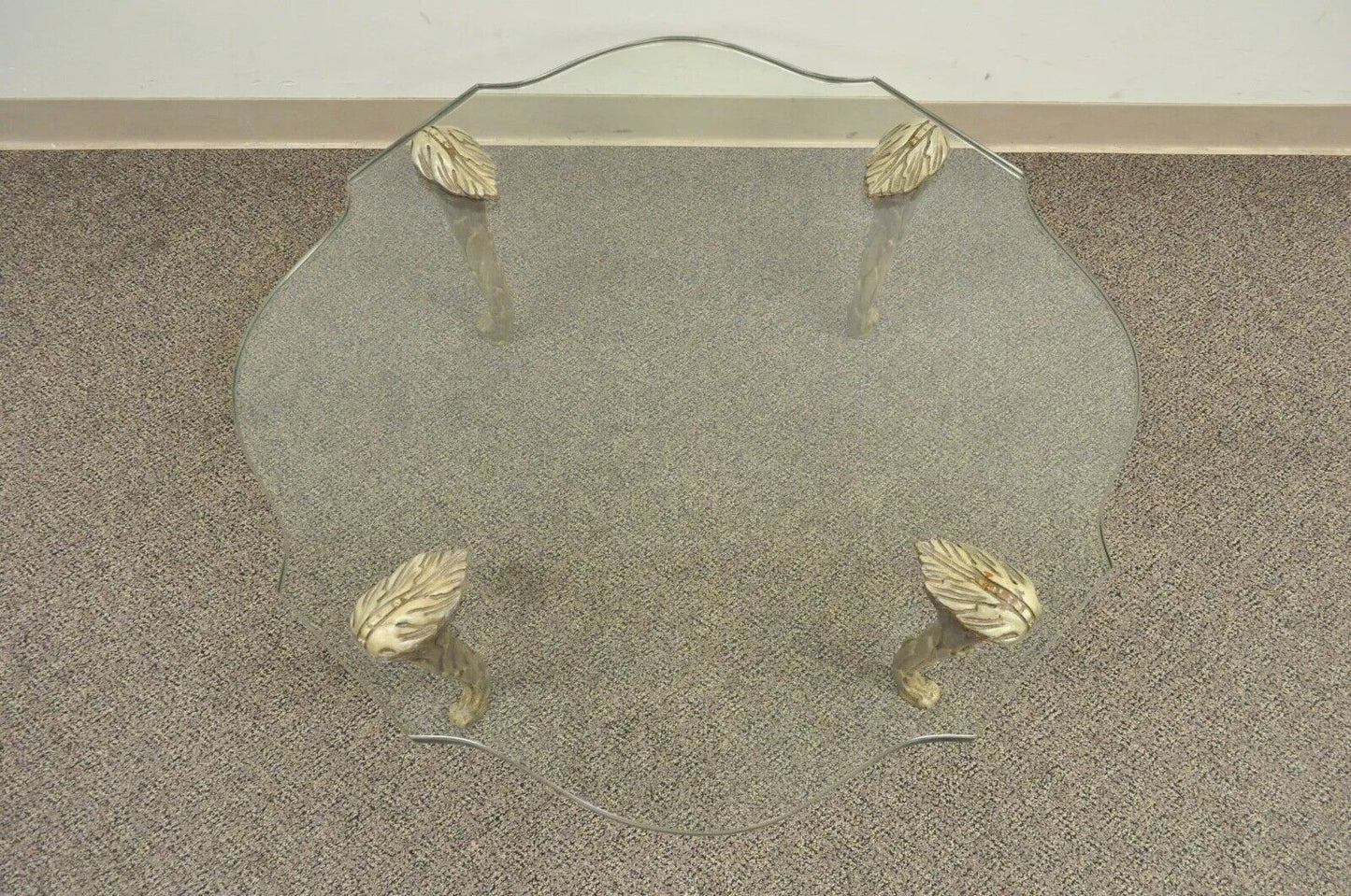 Vintage Hollywood Regency Carved Wood Faux Bois Legs Glass Top Coffee Table