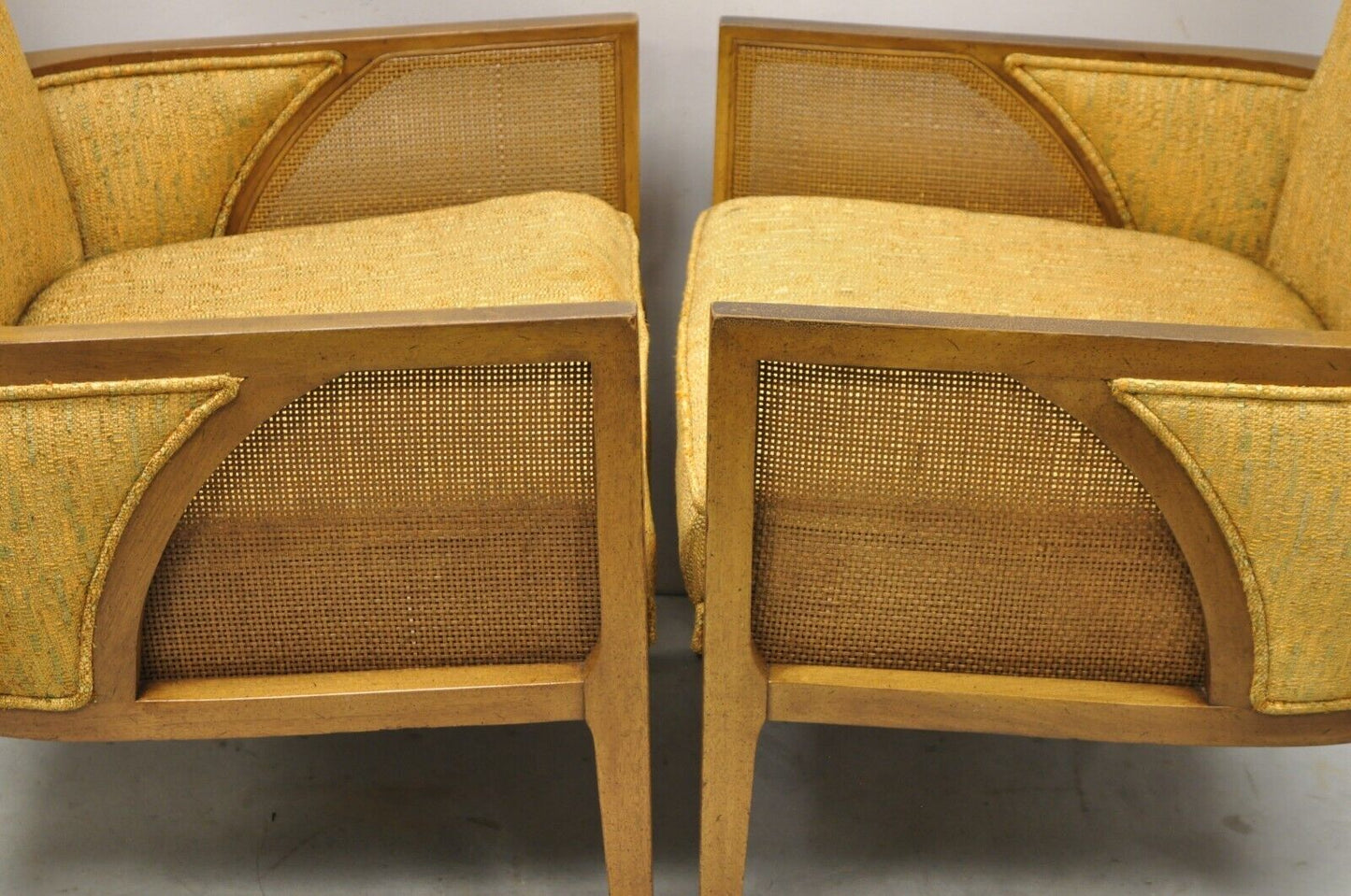 Mid Century Hollywood Regency Sculpted Wood Cane Panel Lounge Chairs - a Pair