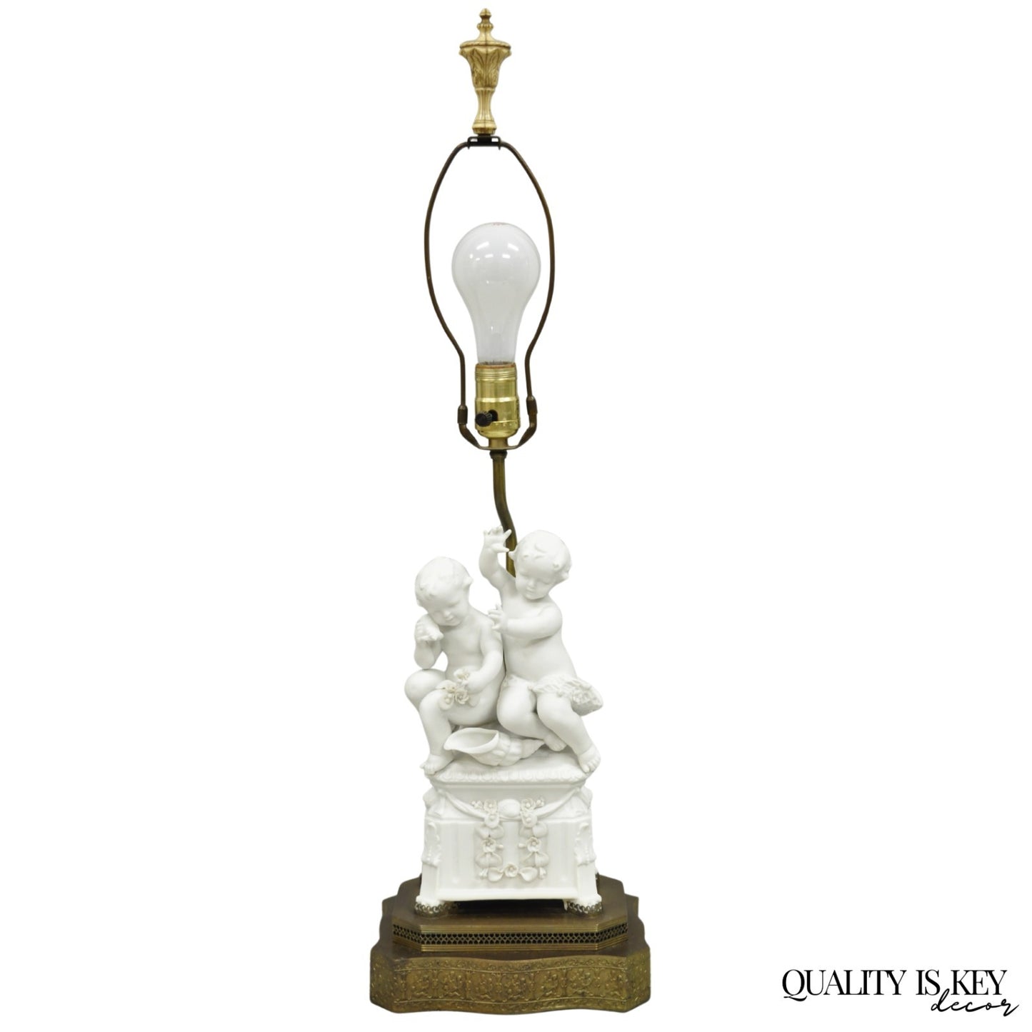 Antique French Parian Bisque Porcelain White Double Cherub & Shell Table Lamp