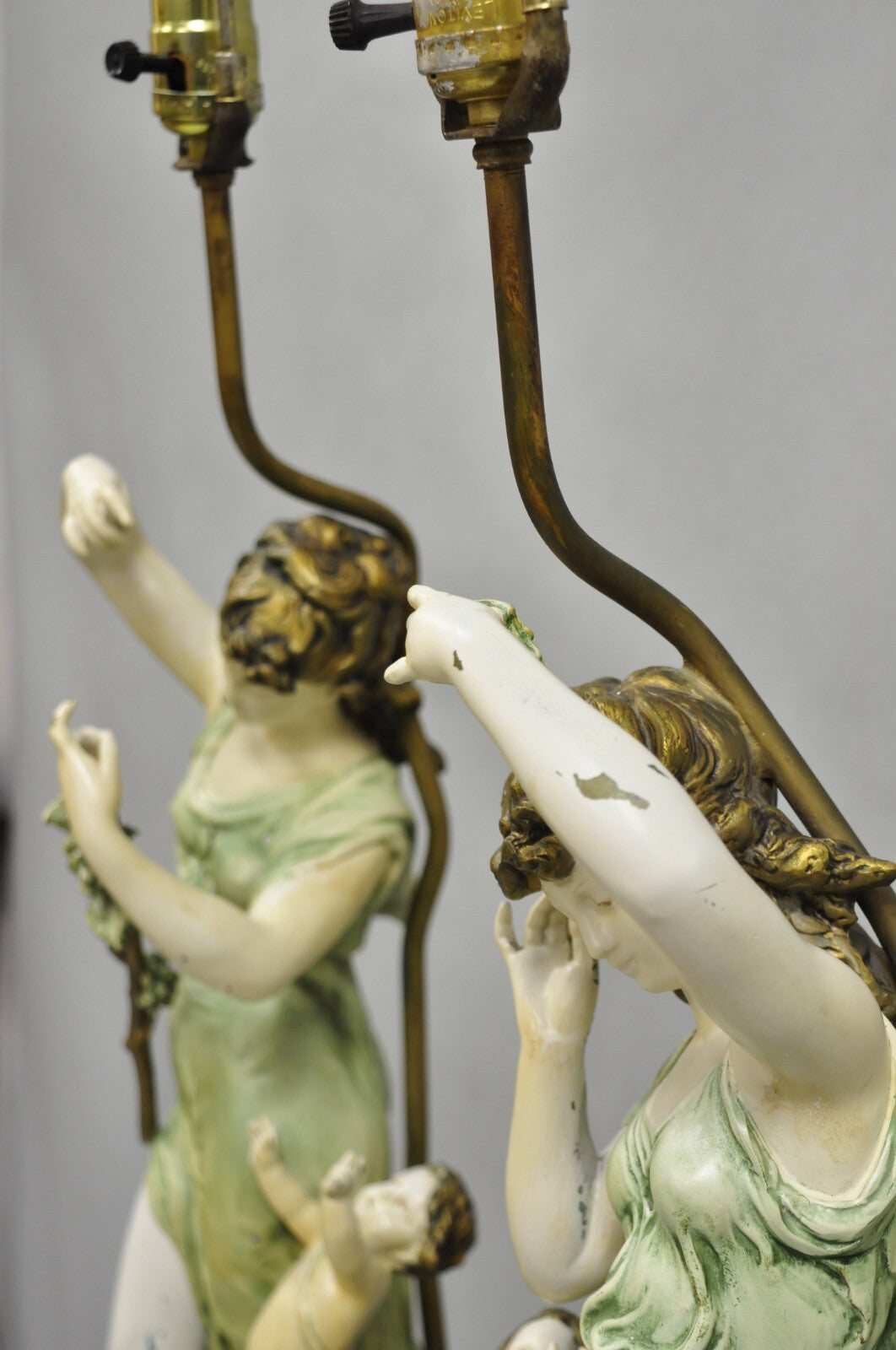 Antique French L&F Moreau Painted Metal Figural Mother & Child Table Lamps Pair