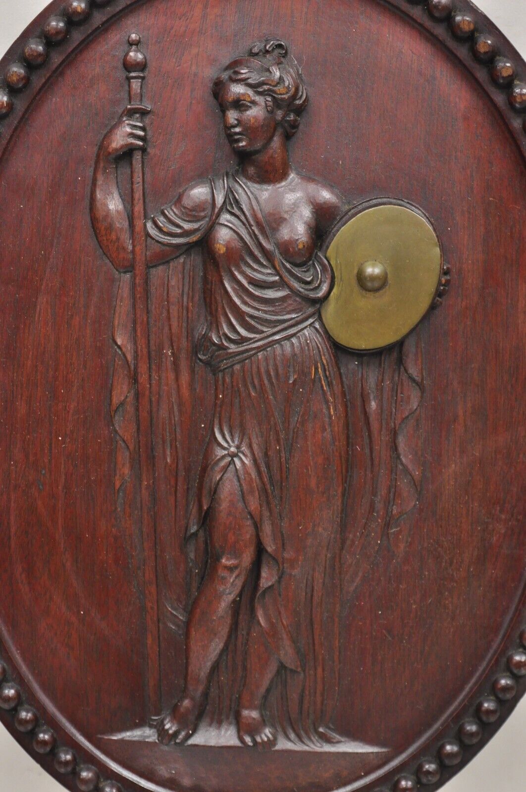 Antique Classical Oval Carved Mahogany Figural Goddess Wall Sculpture Plaque
