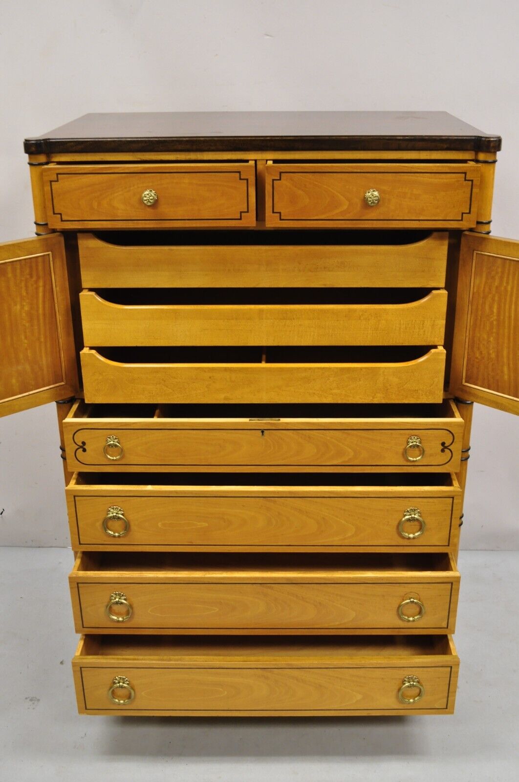 Vintage Kittenger Regency Neoclassical Satinwood & Rosewood Tall Chest Dresser