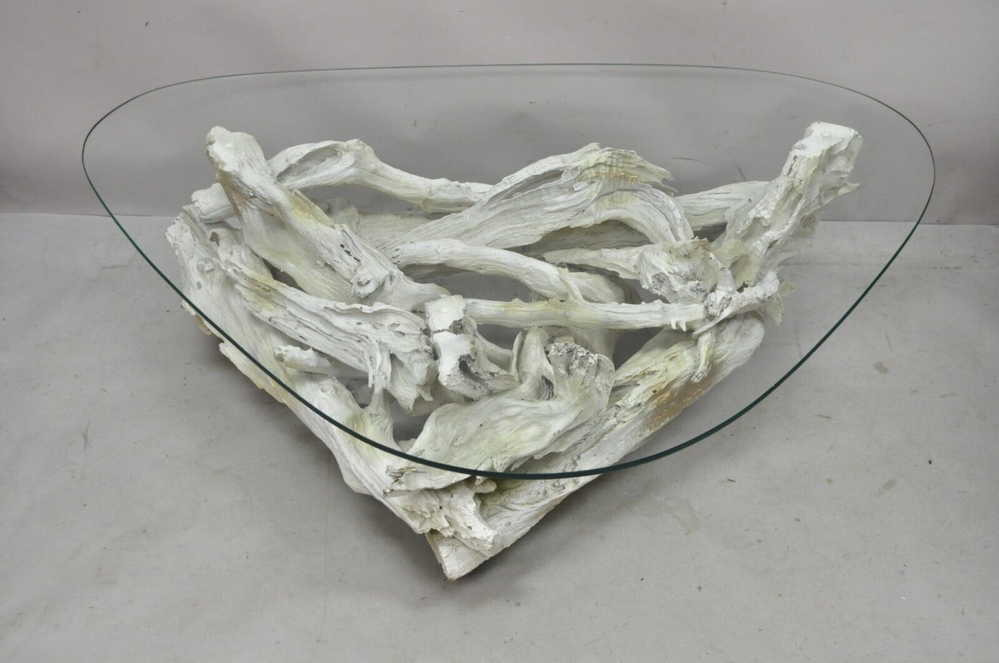 Vintage Mid Century Modern White Driftwood Base Glass Top Coffee Table