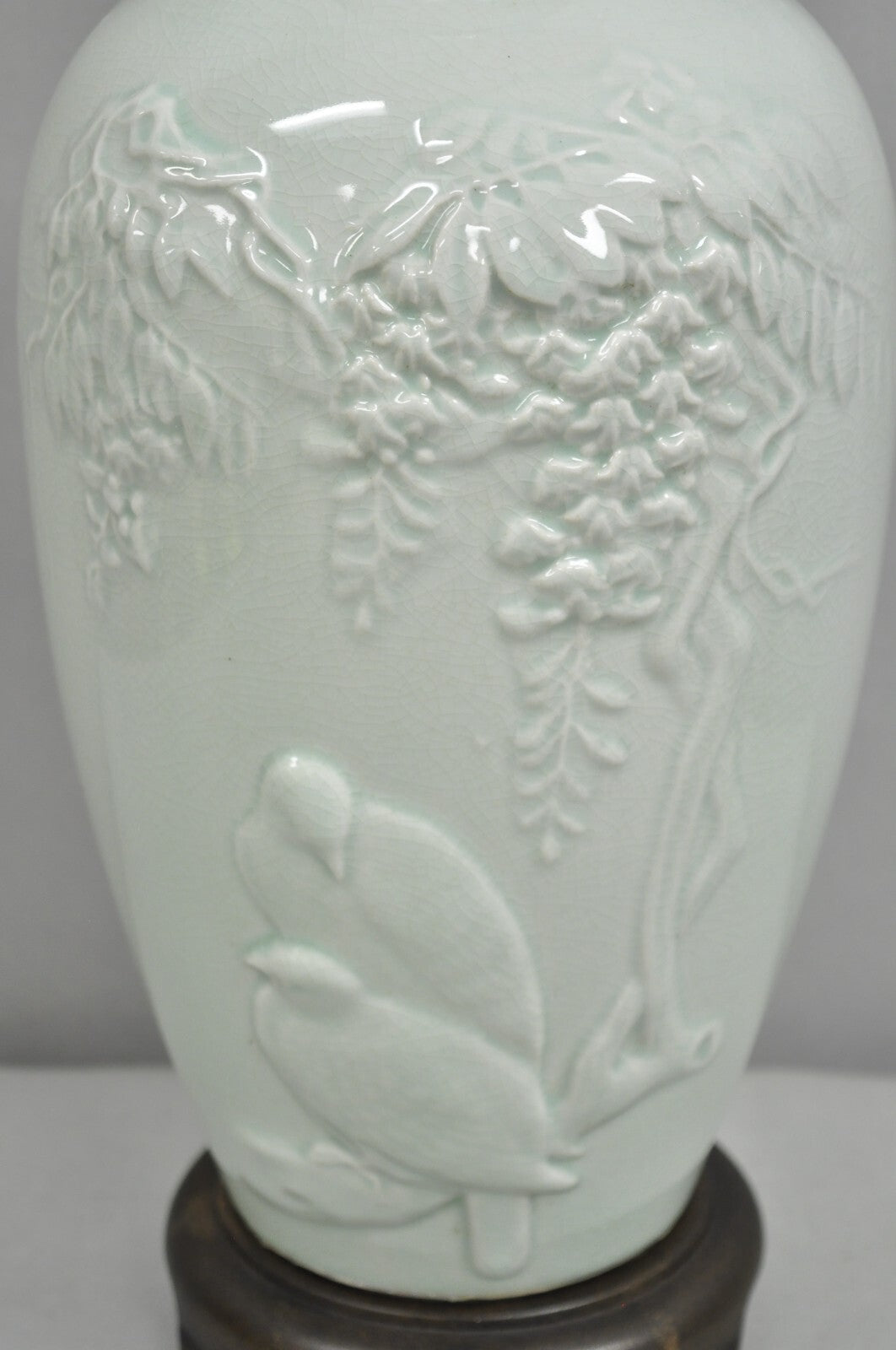 Chinoiserie Chinese Green Celadon Porcelain "Love Birds" Jardiniere Table Lamp