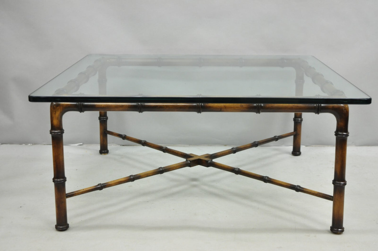Vintage Hollywood Regency Chinese Chippendale Faux Bamboo Square Coffee Table