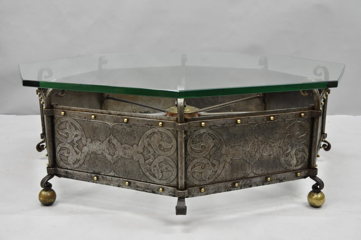Antique Gothic Spanish Renaissance Steel Brass Octagonal Glass Top Coffee Table