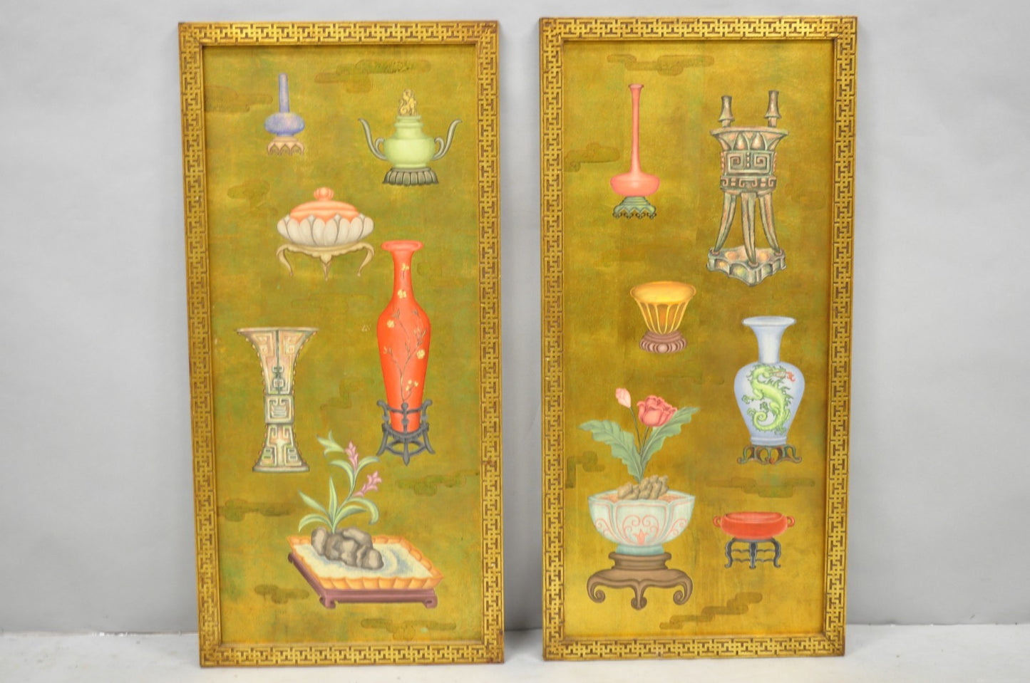 Vintage Chinoiserie Gold Hand Painted Chinese Vase Wall Panel Plaque - a Pair