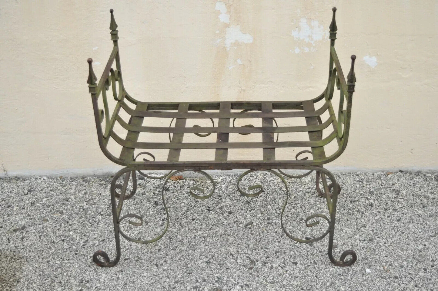 Vintage Gothic Wrought Iron Curule Scrollwork Distressed Green Bench w Finials