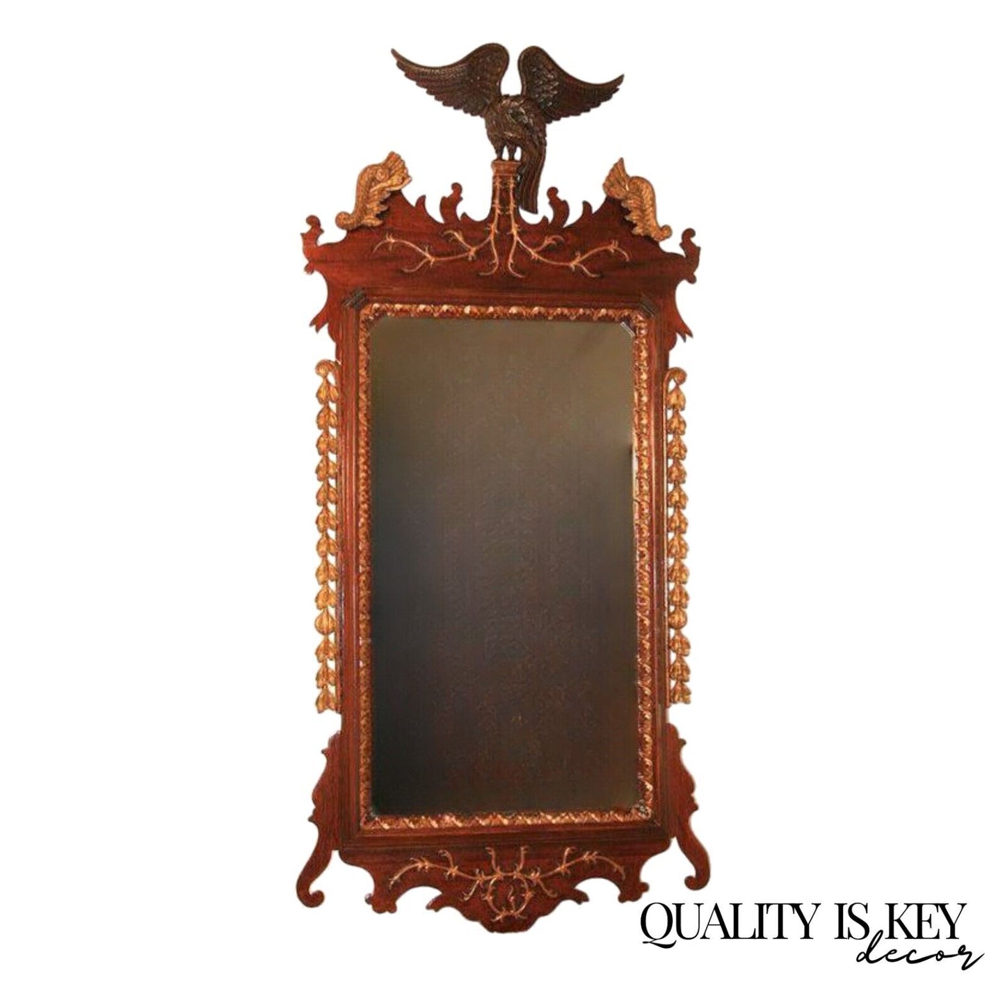 Antique Chippendale Style Mahogany and Giltwood Phoenix Bird Large Wall Mirror