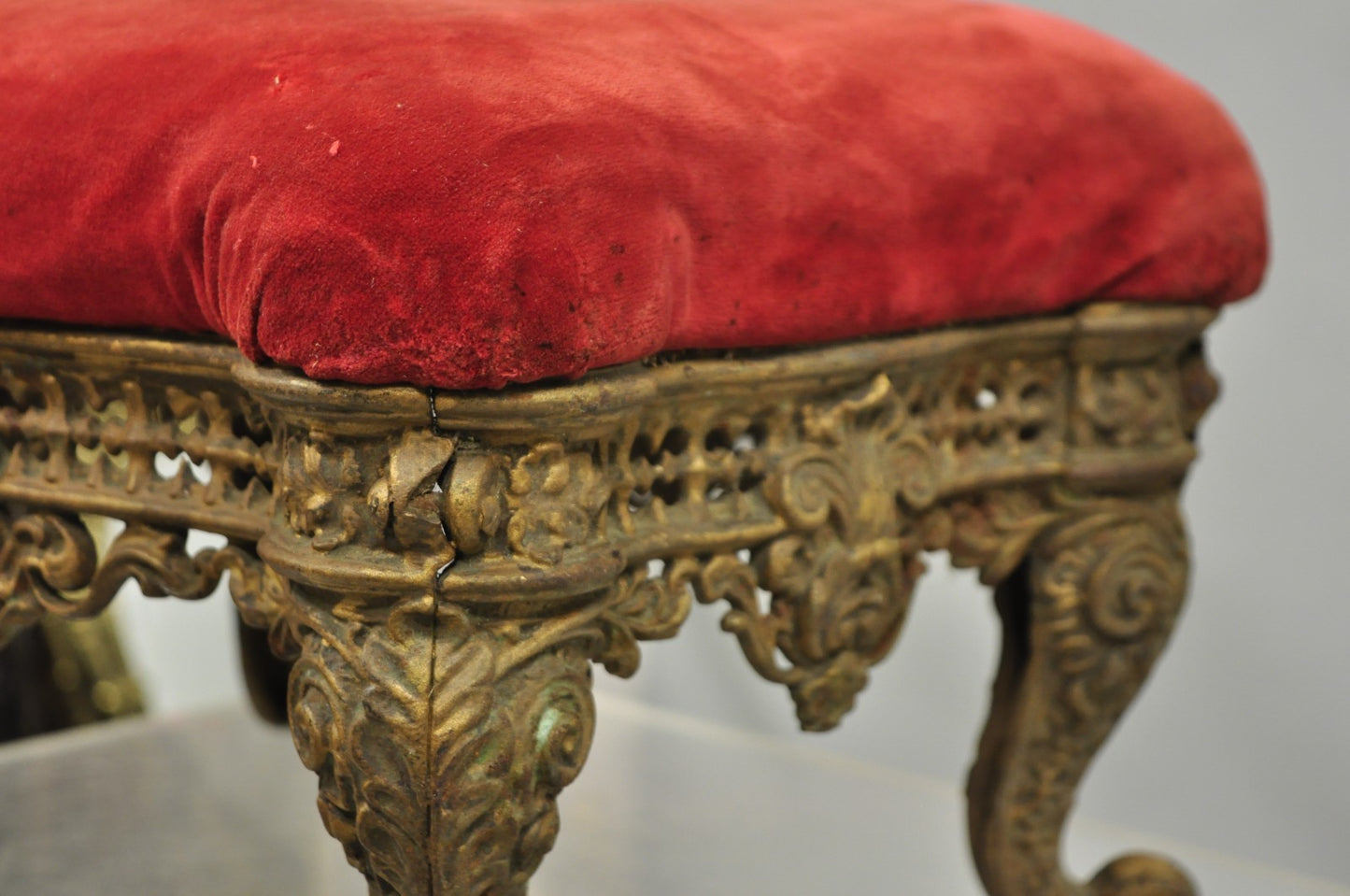 Antique Victorian Cast Iron Ornate Gold Heavy Metal Petite Footstool Ottoman
