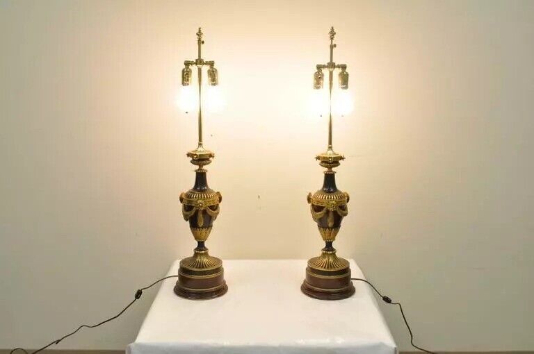 19th C. French Neoclassical Louis XVI Style Bronze Drape Urn Table Lamps - Pair