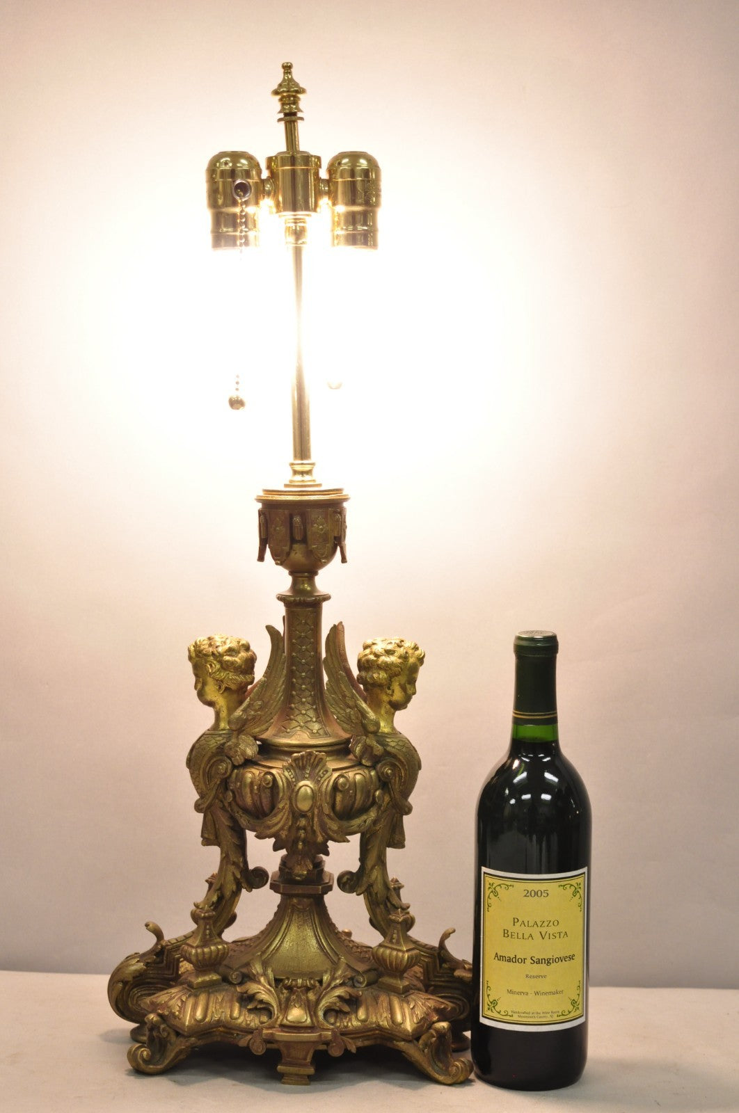 Antique French Louis XV Style Bronze Figural Winged Cherub Gold Table Lamp