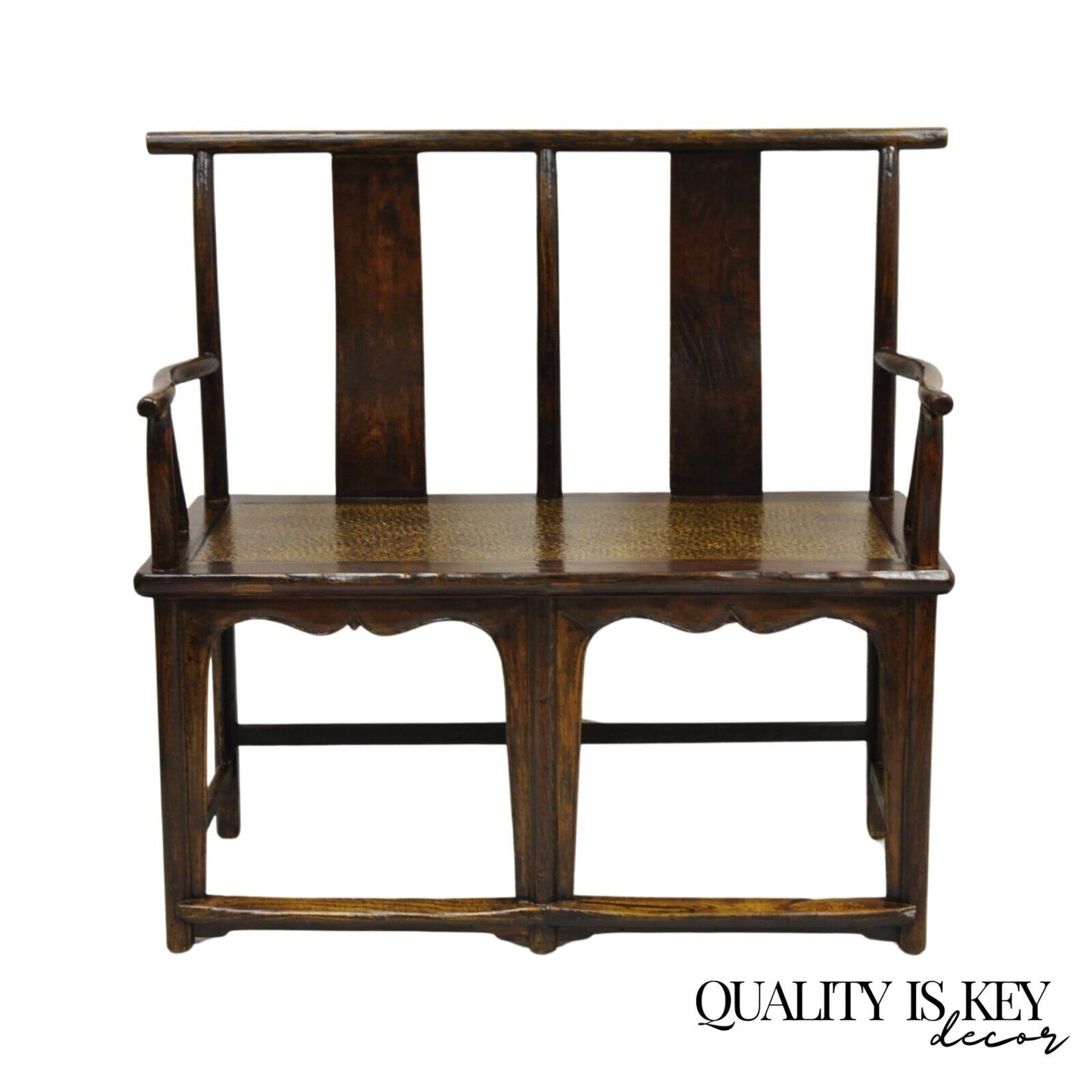 Vintage Chinese Elm Lacquered Cane Double Chairback Hall Bench Settee Sofa