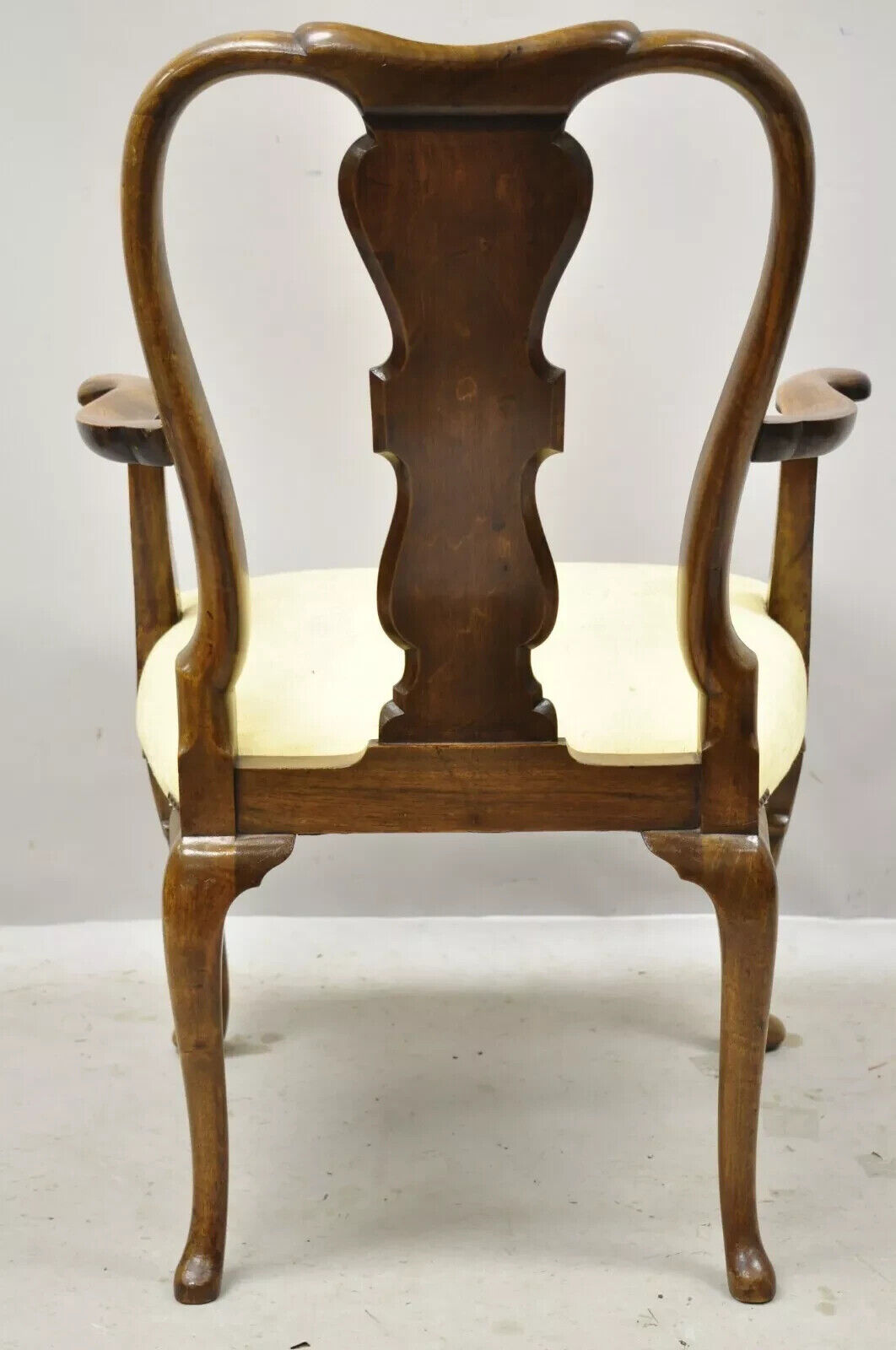 Antique 19th C English Queen Anne Carved Burr Walnut Splat Back Dining Arm Chair