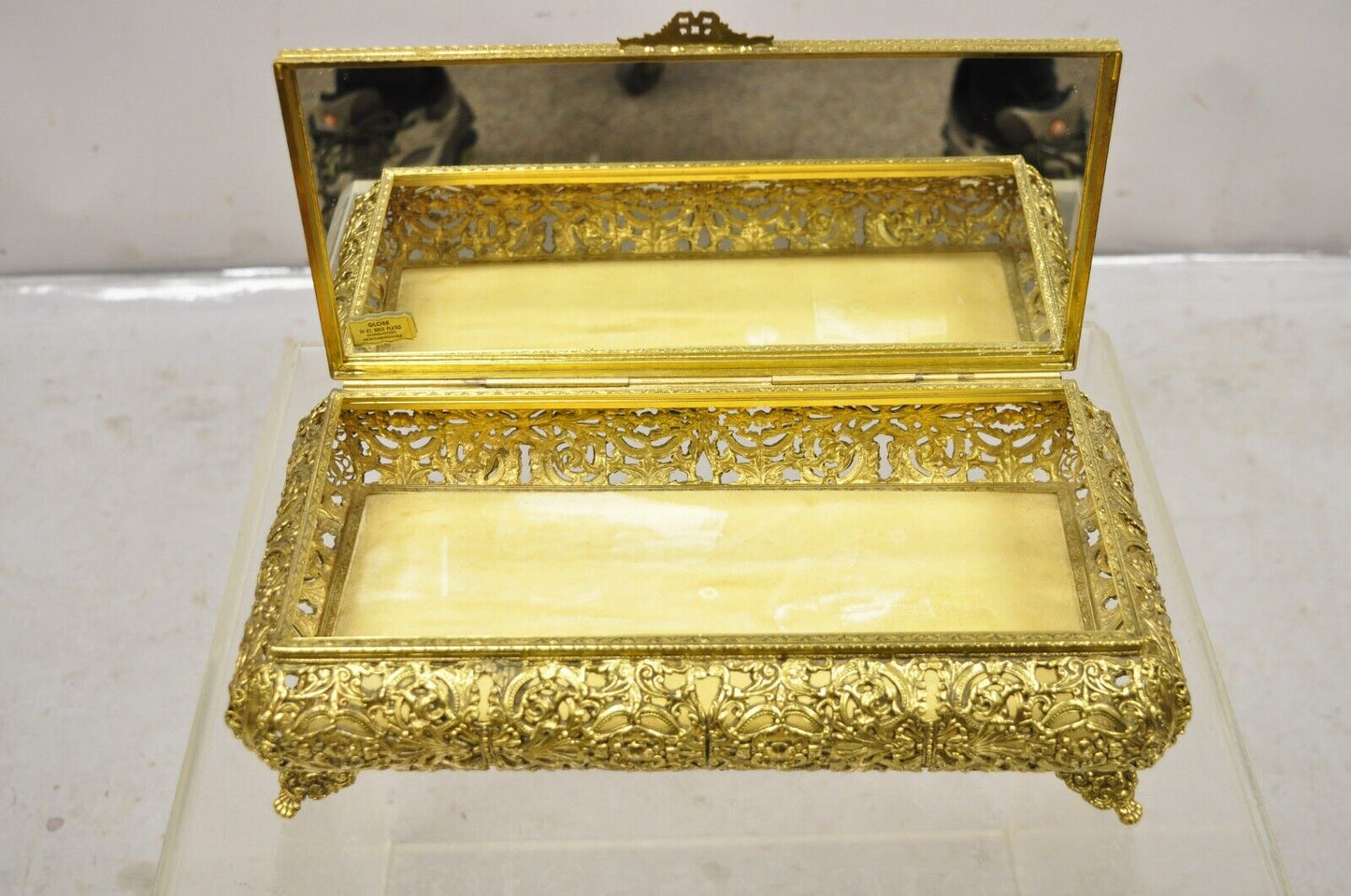 Vtg French Hollywood Regency Style Gold Filigree Vanity Jewelry Box by Globe