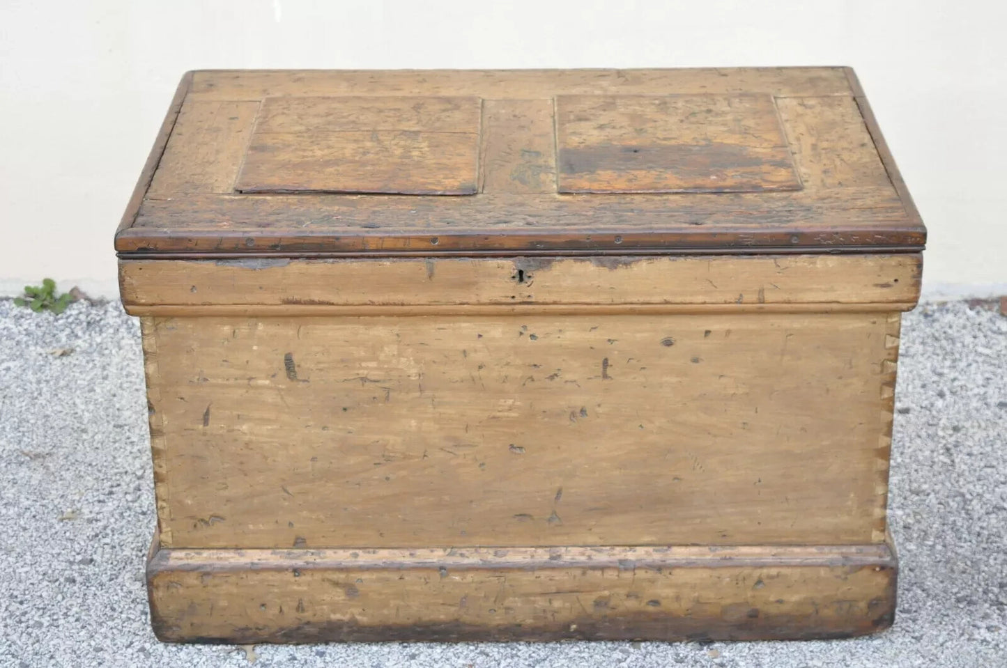 Antique 19th C French Hand Painted Distressed Wood Blanket Chest Dovetail Trunk