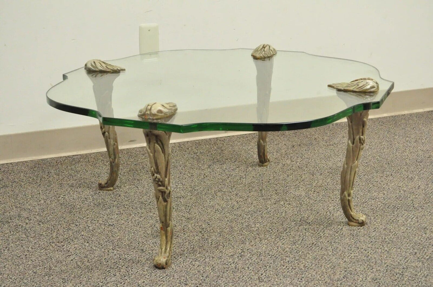 Vintage Hollywood Regency Carved Wood Faux Bois Legs Glass Top Coffee Table