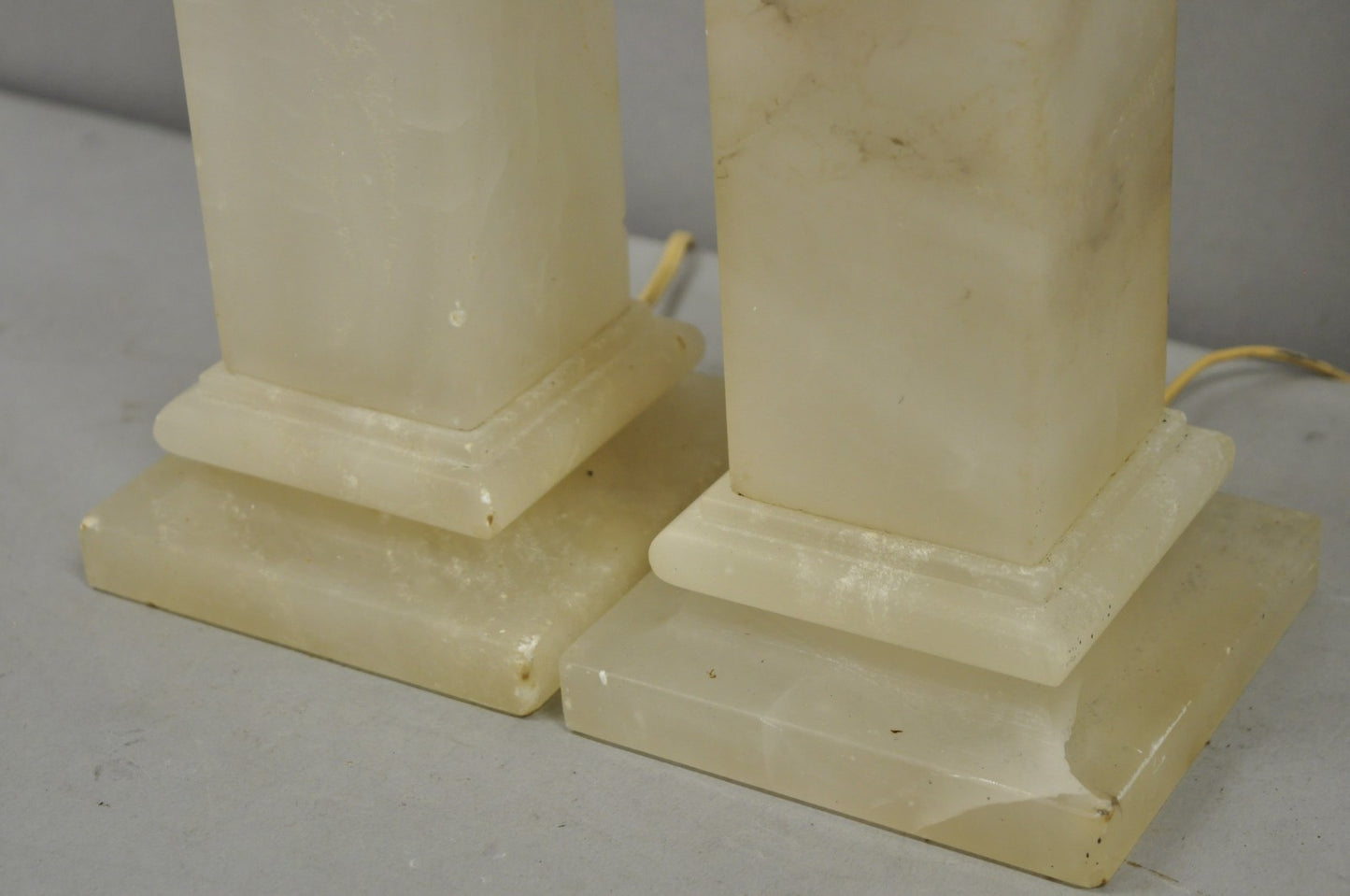 Vintage French Empire Italian Carved Alabaster Column Table Lamps - a Pair