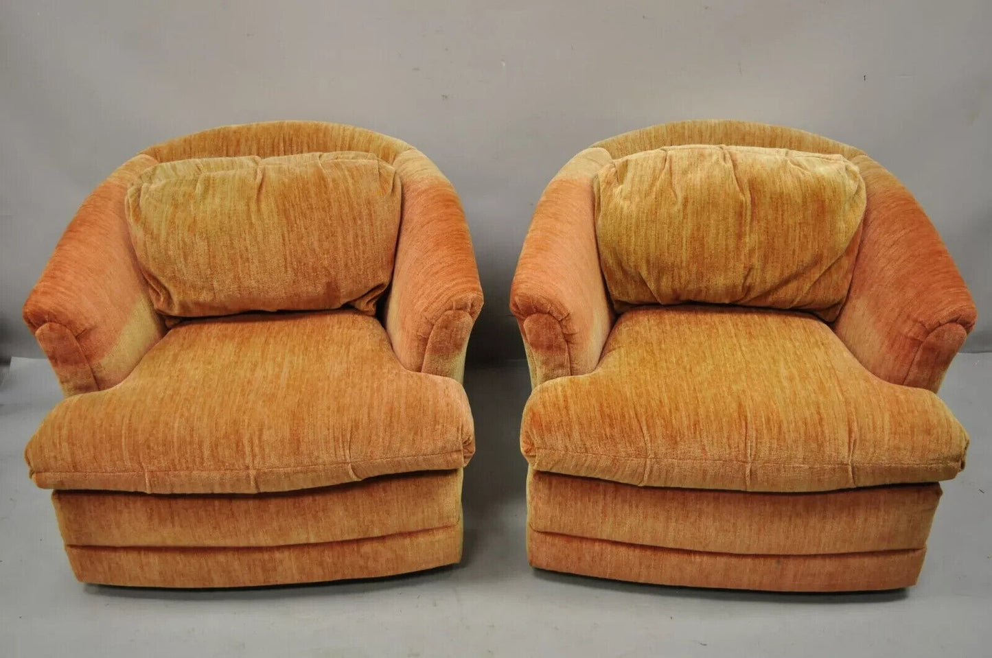 Mid Century Modern Orange Upholstered Swivel Lounge Club Chair by Flexsteel Pair