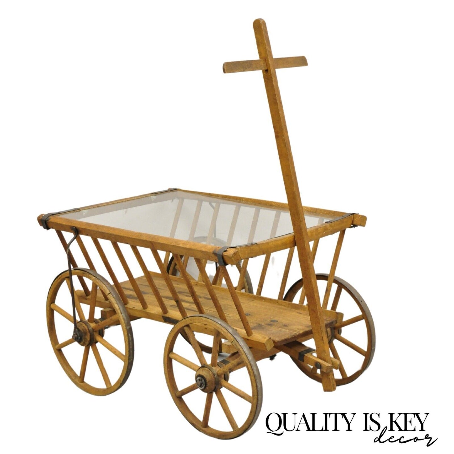Antique French Primitive Wooden Goat Cart Wagon Farmhouse Glass Top Coffee Table