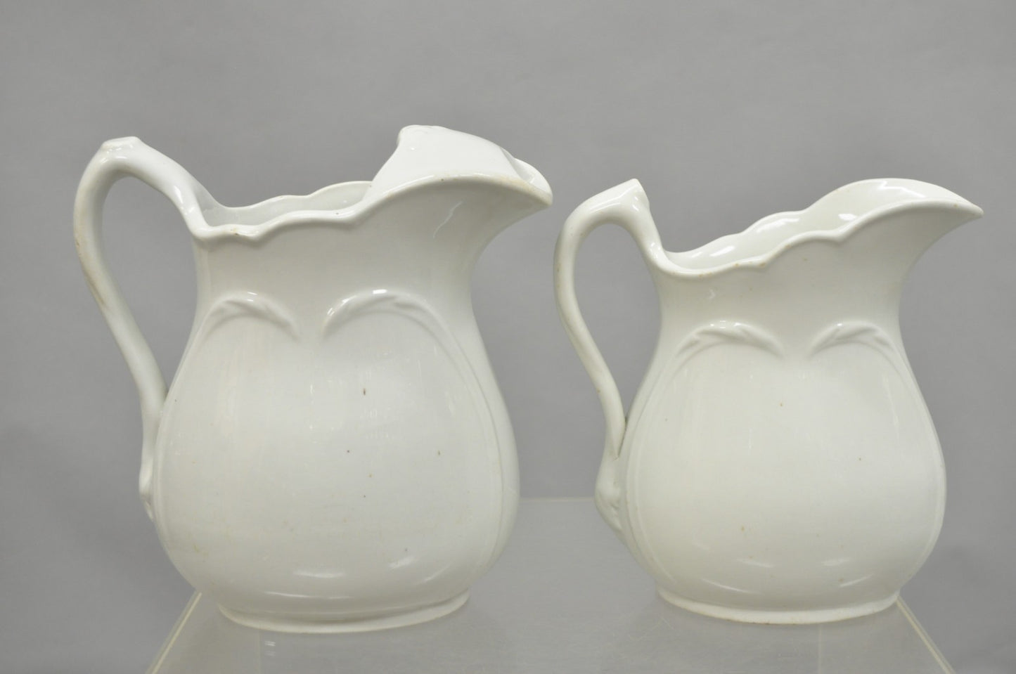Vintage English Ironstone White Farmhouse Milk Water Pitchers - Set of 2
