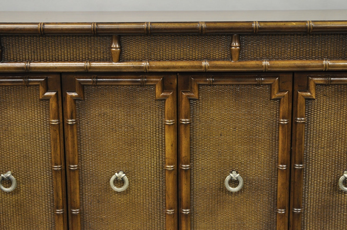 Drexel Chinese Chippendale Faux Bamboo Fretwork Rattan Tall Chest Dresser