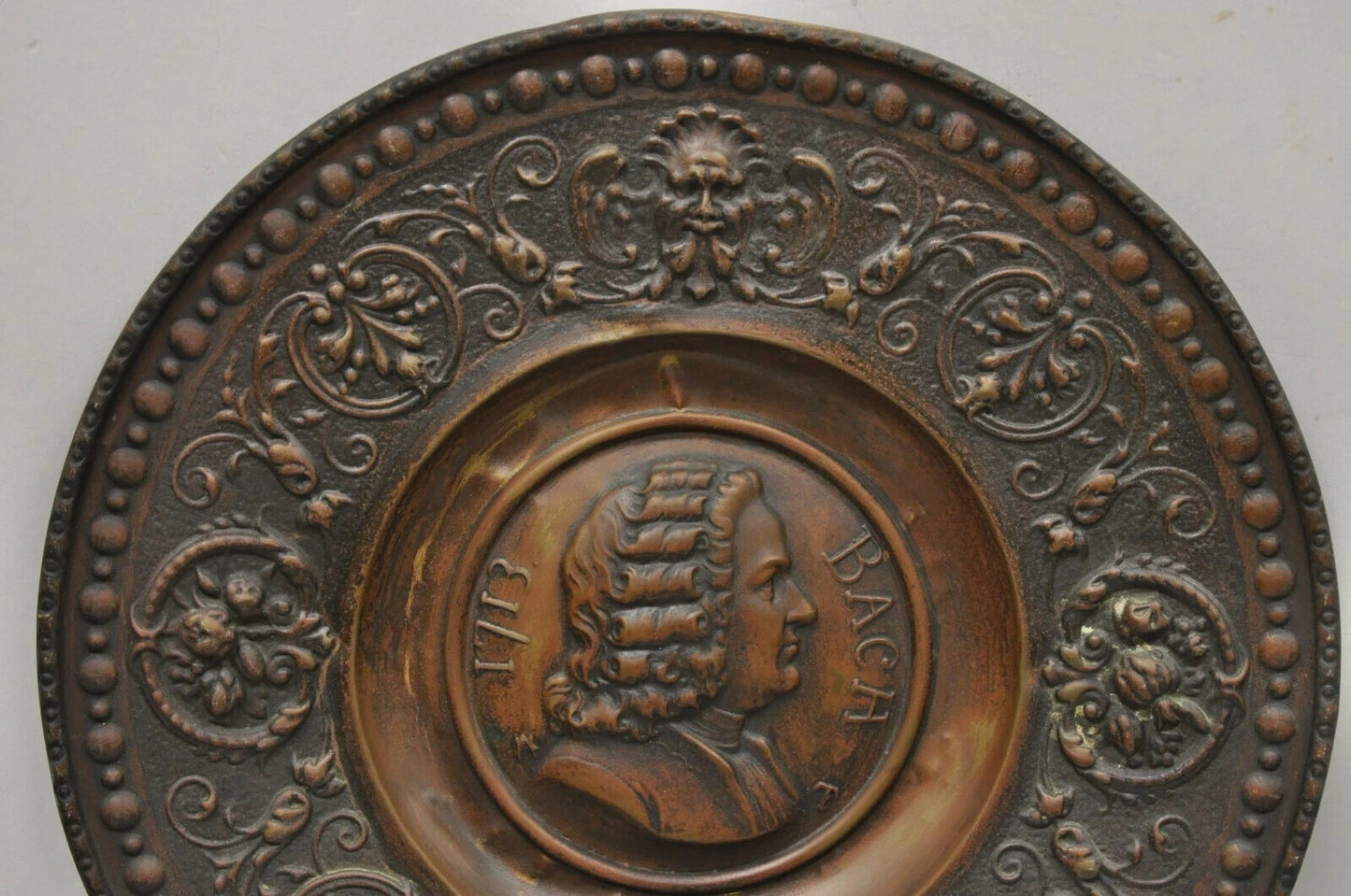 Antique Embossed Copper Neoclassical Bach and Haendel Charger Plates - a Pair