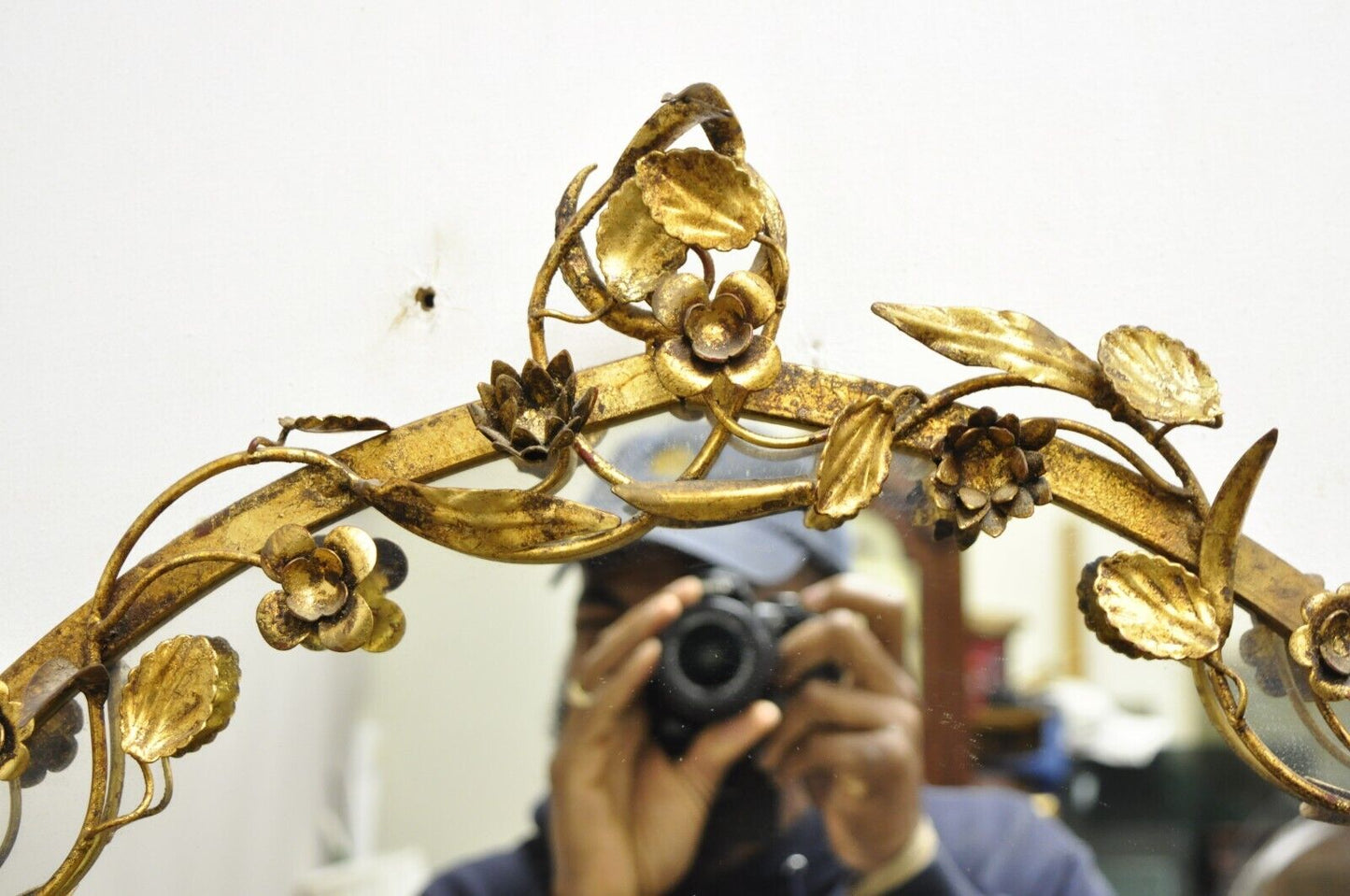Vtg Italian Hollywood Regency Gold Gilt Iron Oval Floral Wall Mirror w/ Sconces