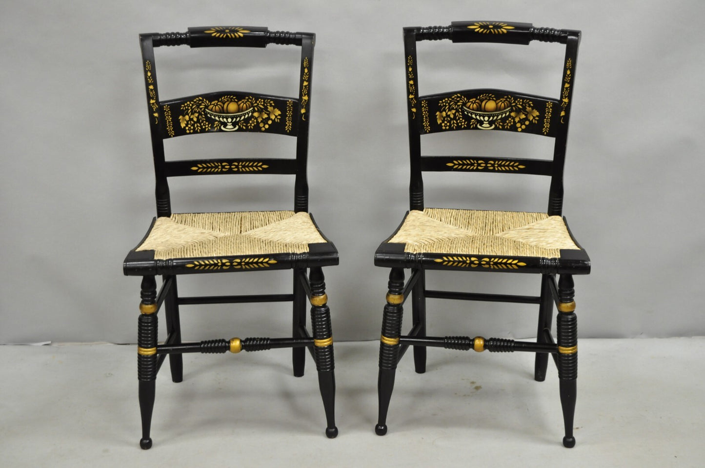 Vintage Nichols & Stone Hitchcock Harvest Stencil Painted Black Side Chair Pair