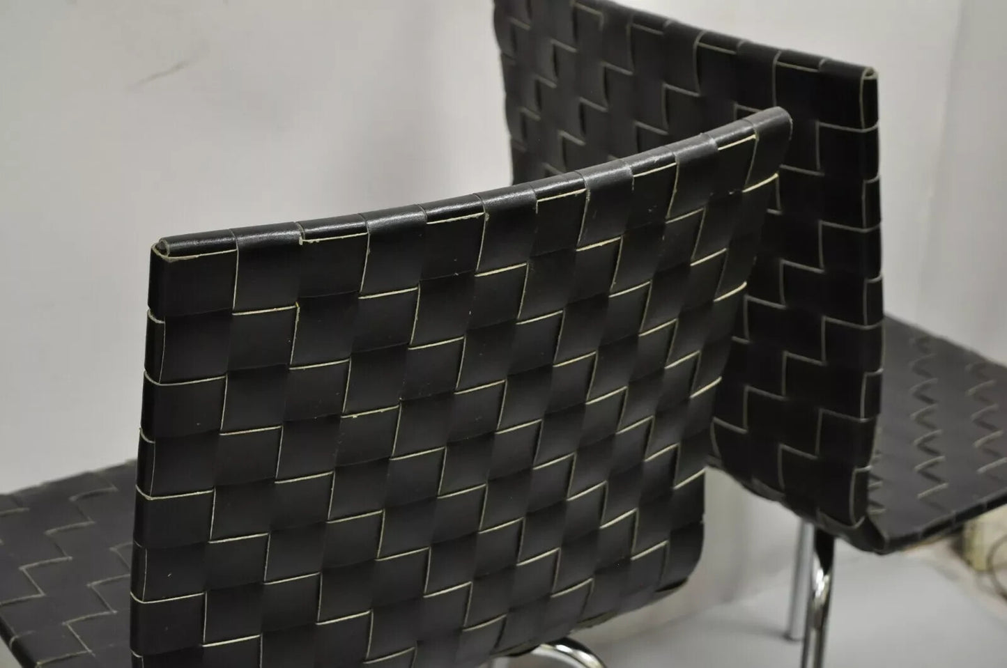 Contemporary Modern Black Woven Leather Chrome Frame Dining Chairs - Set of 4