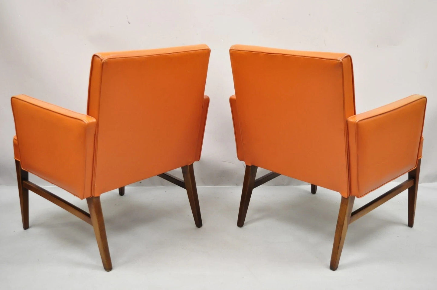 Vintage Mid Century Modern Walnut Jens Risom Style Orange Lounge Chairs -a Pair