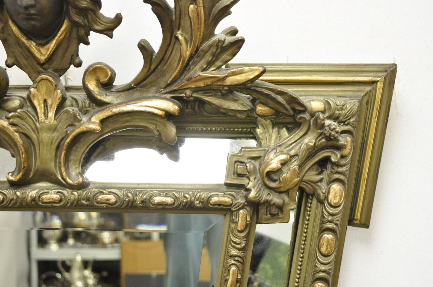 Antique French Renaissance Baroque Carved Giltwood Gesso Wall Mirror with Face