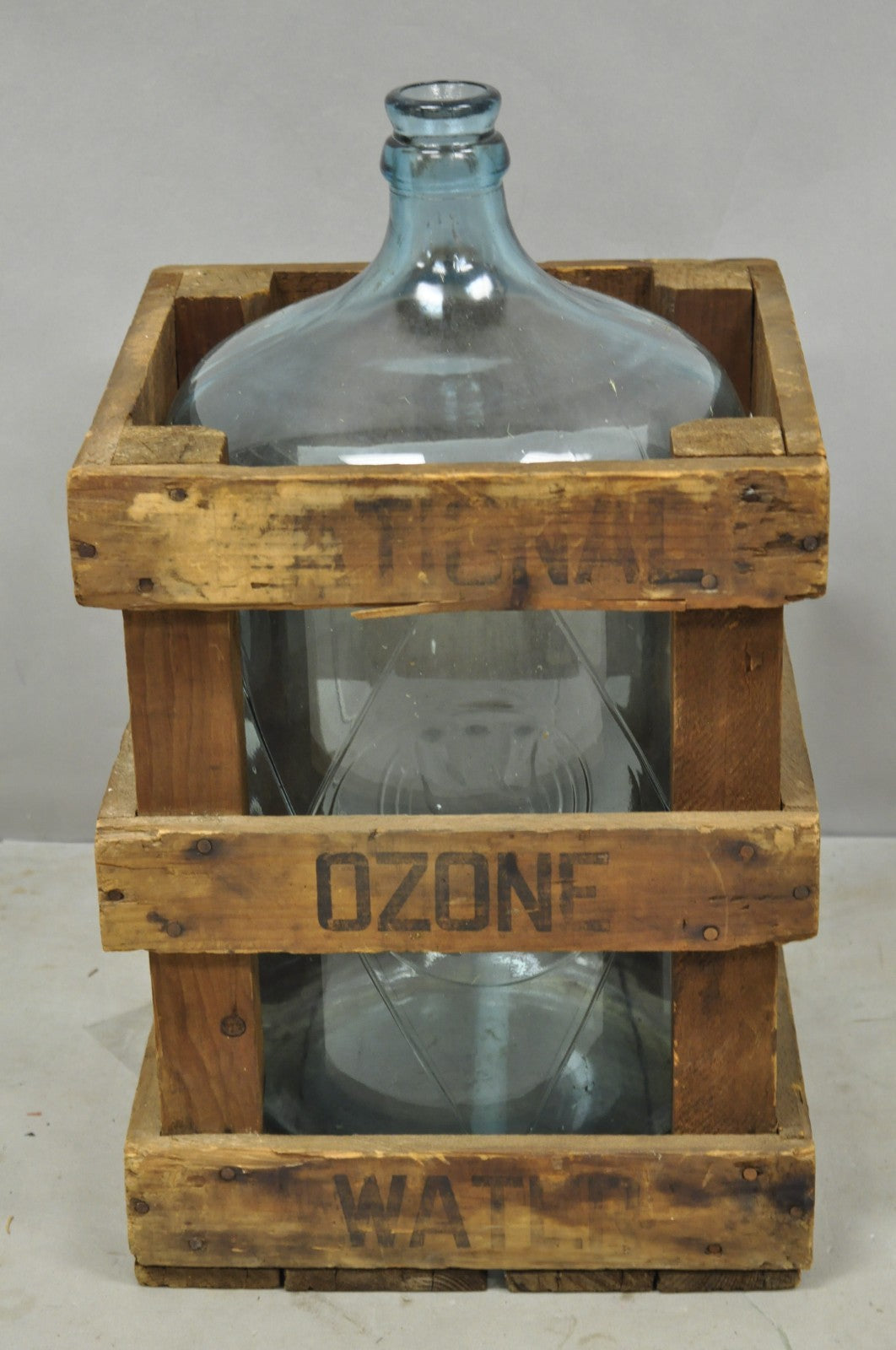 Vintage Great Bear Blue 5 Gallon Glass Carboy Jug in Wooden Crate