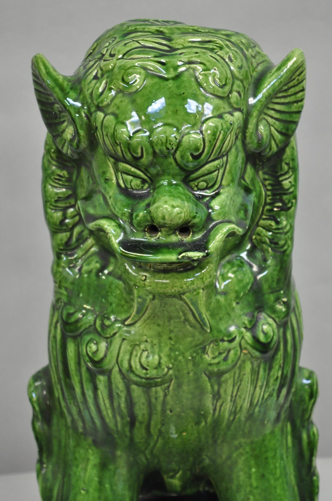 Vintage Chinoiserie Green Majolica Glazed Ceramic 24" Chinese Foo Dog Statue