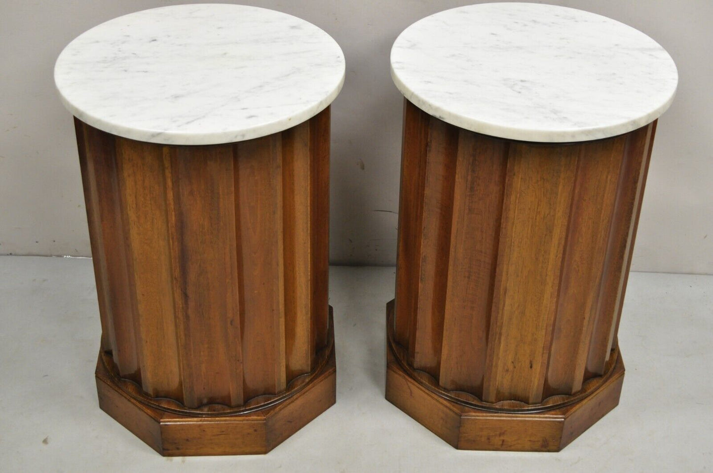 French Empire Round Marble Top Mahogany Column Pedestal Cabinet End Table Pair