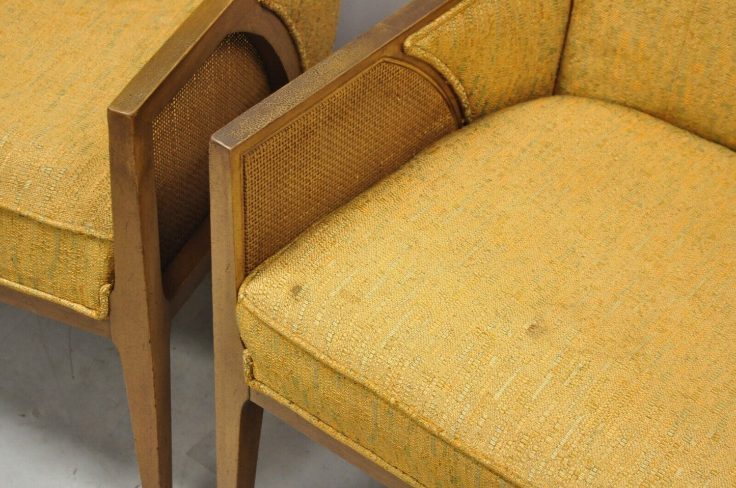 Mid Century Hollywood Regency Sculpted Wood Cane Panel Lounge Chairs - a Pair