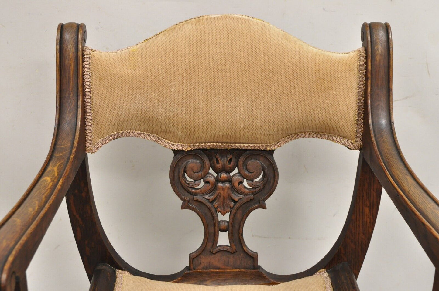 Antique Carved Oak Renaissance Revival Paw Foot Curule Throne Arm Chair