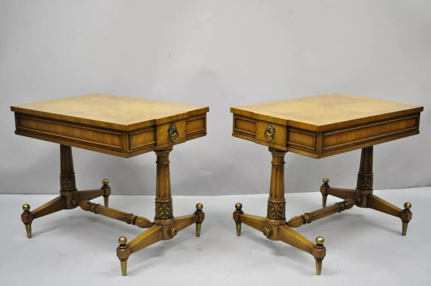 Vintage Weiman Kameo French Regency Style Banded Walnut End Tables - a Pair