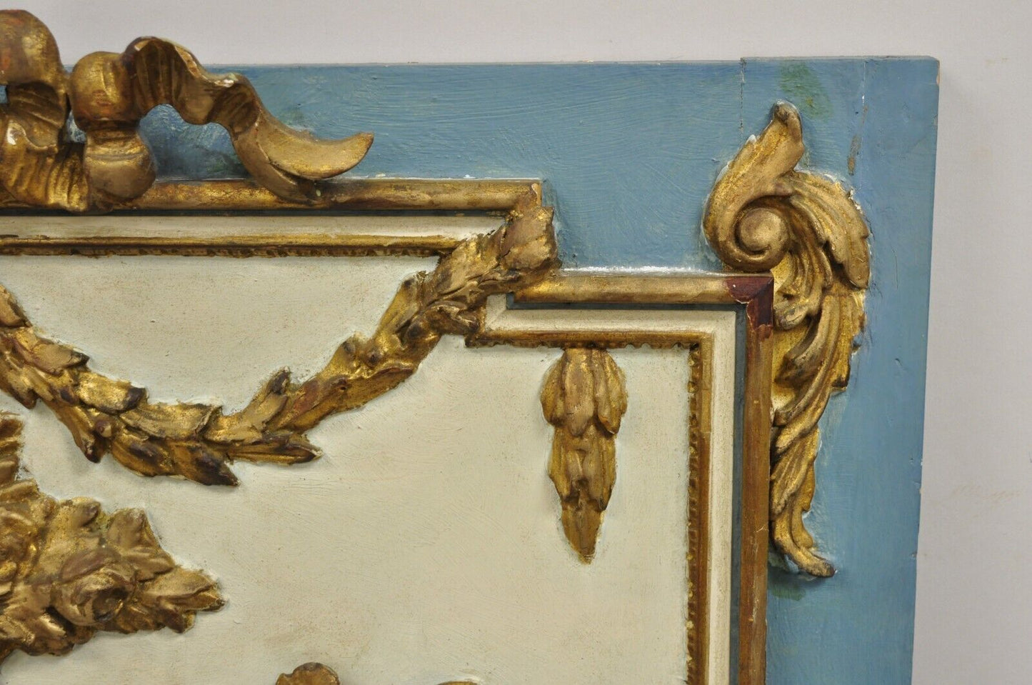 Antique French Louis XV Style Floral Bouquet Blue Distress Painted Wall Mirror