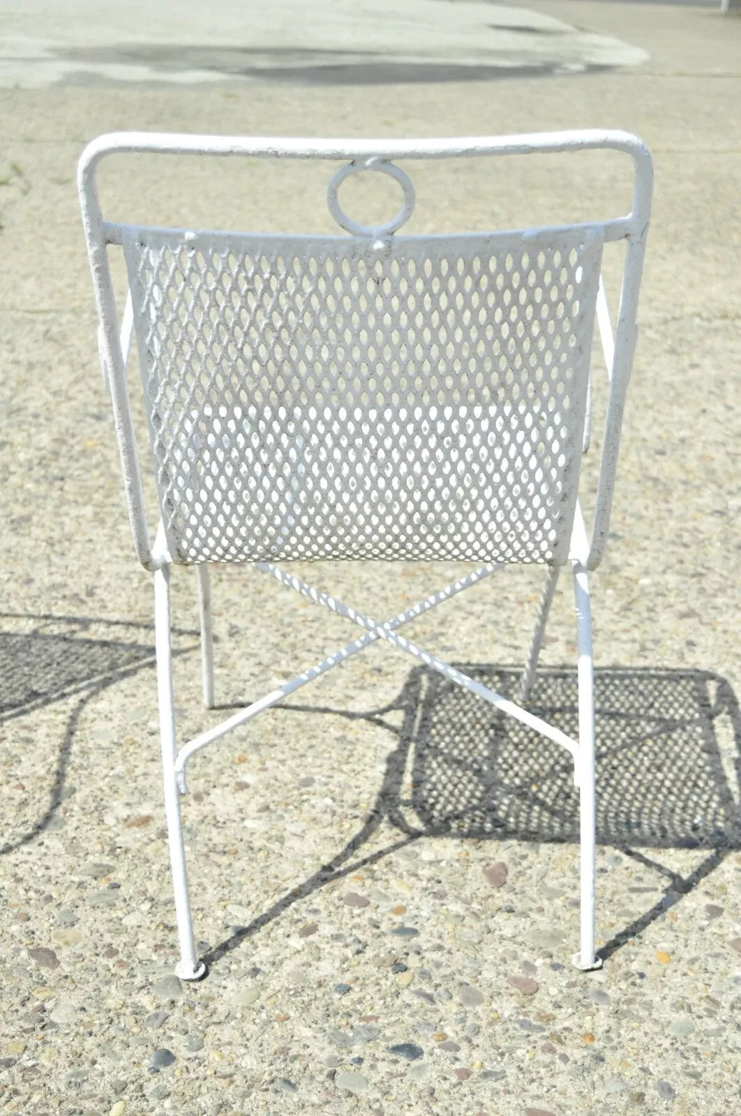 Vintage Russell Woodard White Wrought Iron Garden Patio Arm Chairs - a Pair