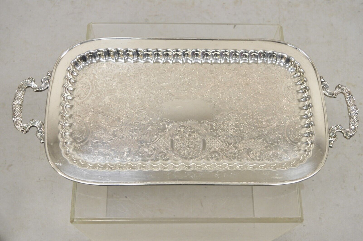 Vintage Leonard Silver Narrow Twin Handle Silver Plated Serving Platter Tray