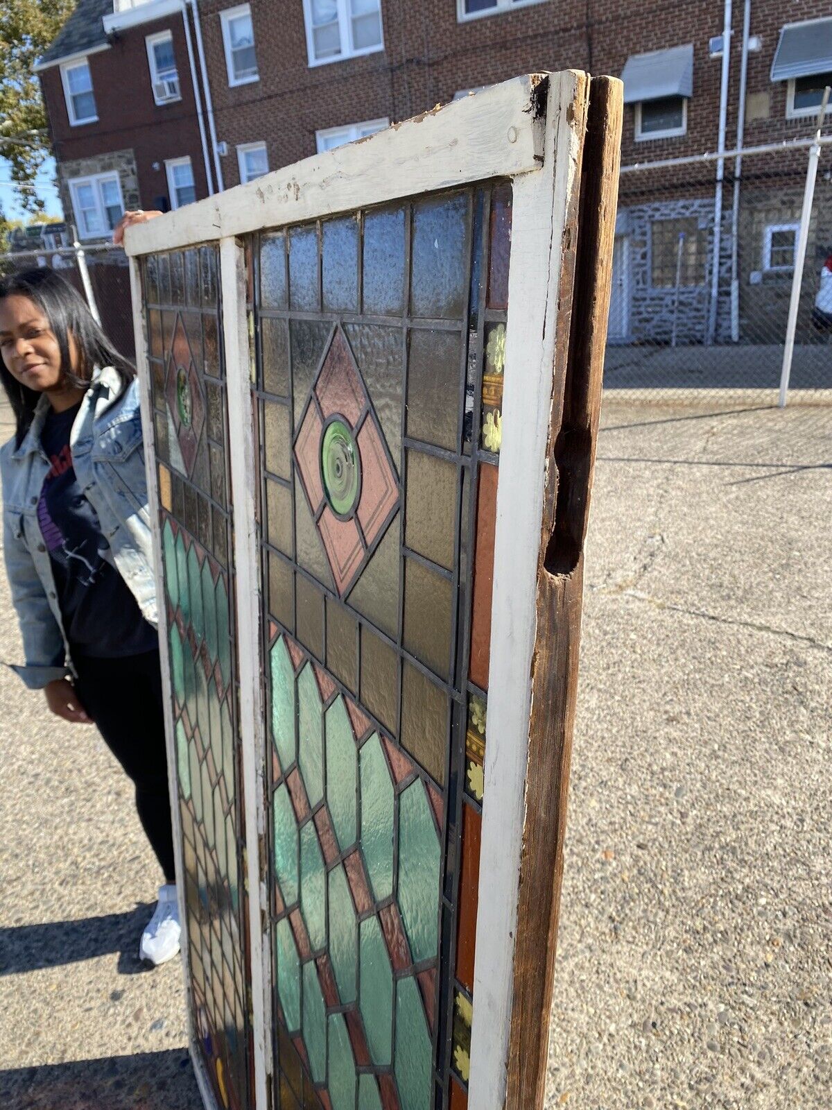Antique Victorian 70 x 48 Double Stained Glass Window Pink Blue Green Jeweled