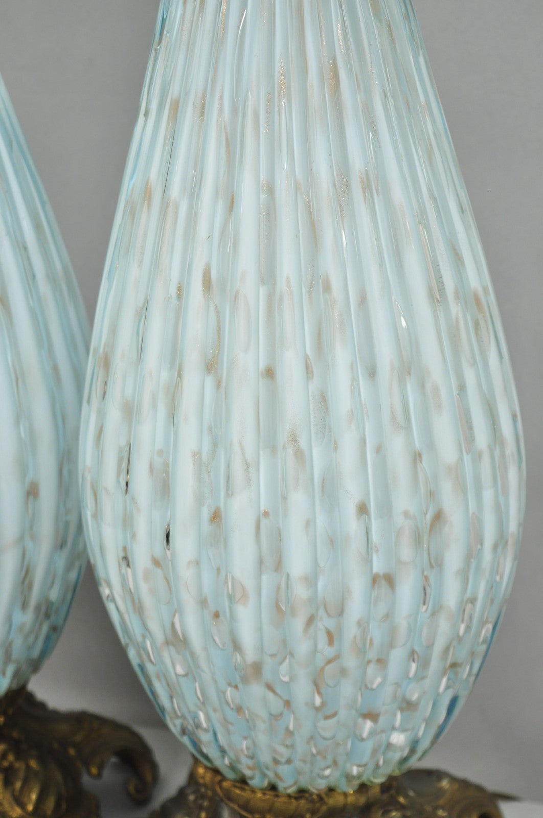 Vintage Mid Century Modern Blue Italian Murano Glass Gold Bubble Table Lamp Pair