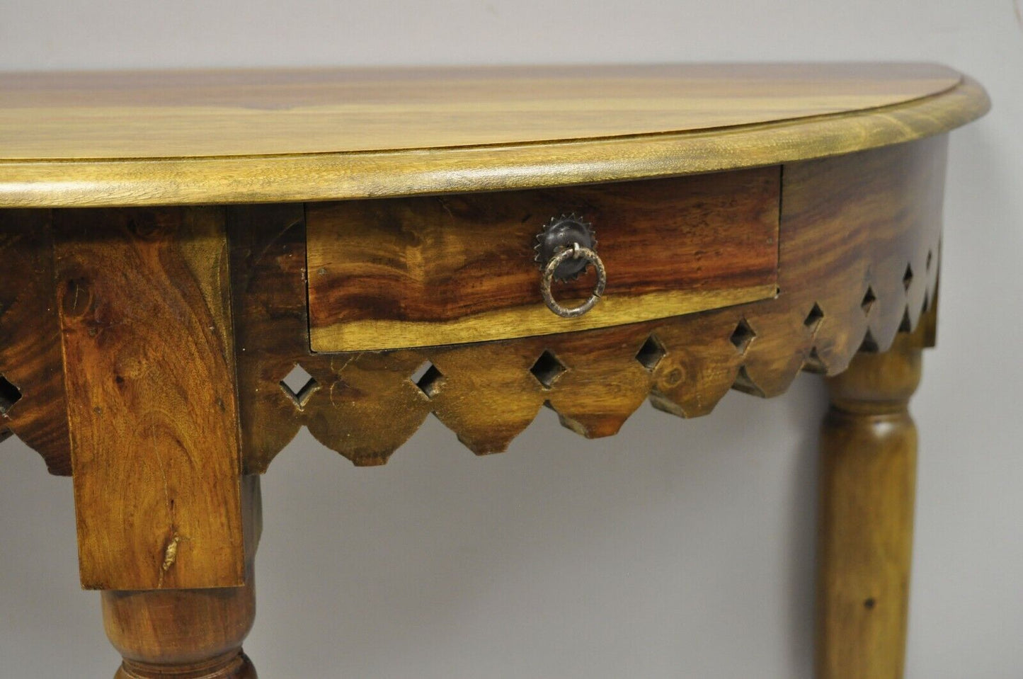 Mediterranean Spanish Style Half Round Gothic Demilune Teak Console Hall Table B