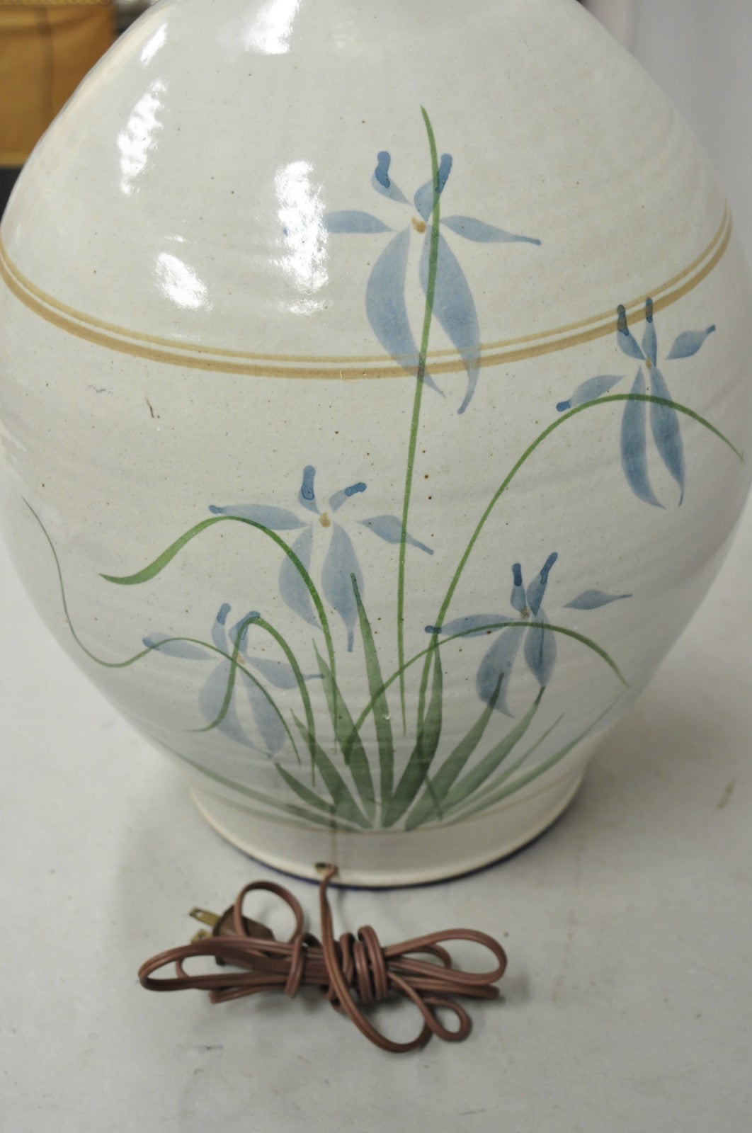Vintage French Country Large Blue Flower Stoneware Pottery Vase Table Lamp
