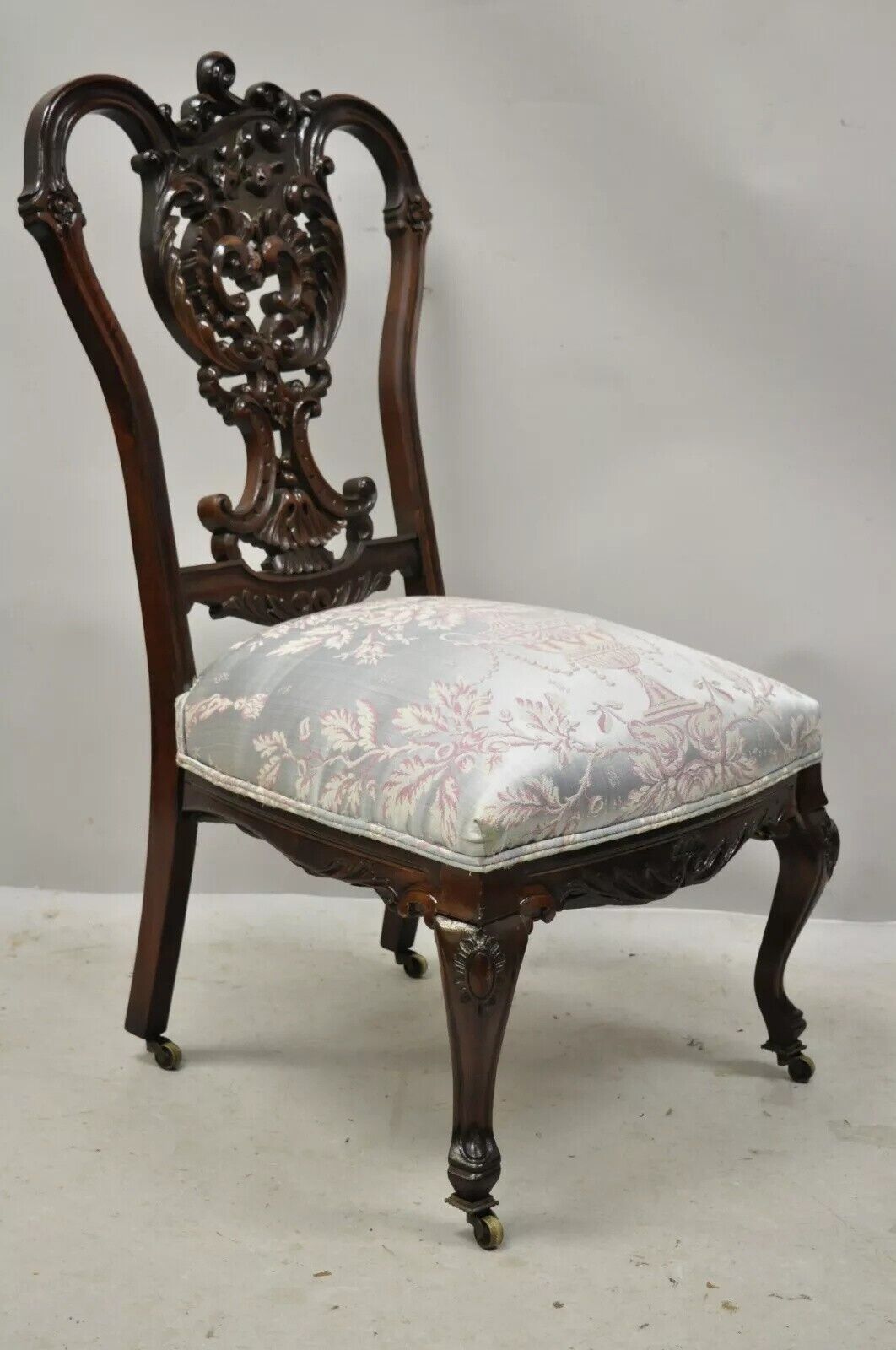 Antique Victorian Floral Scrollwork Carved Mahogany Parlor Accent Slipper Chair