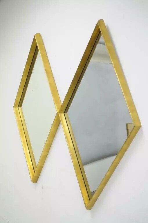 Hollywood Regency Diamond Shaped Deep Wood Frame Gold Leaf Wall Mirrors - Pair